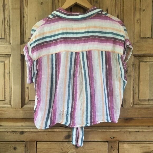 Rails Small Stripe Tie Front Blouse Striped Crop Shirt Collared Pastel Linen - Picture 6 of 9